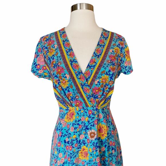 Mini Dress Boho Exotic Print Spell Inspired Blue Cotton Short Sleeves Medium EUC - Picture 3 of 11